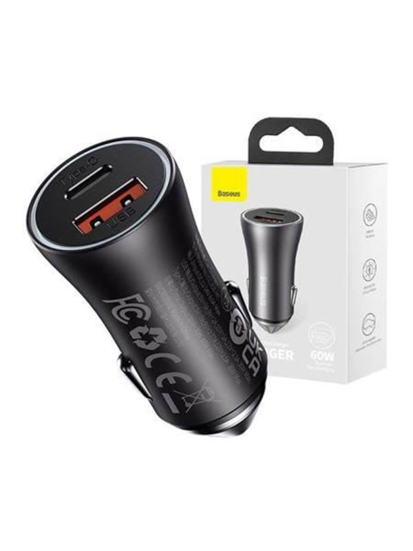 Baseus Car charger Golden Contactor Max USB + USB-C 60W (grey)