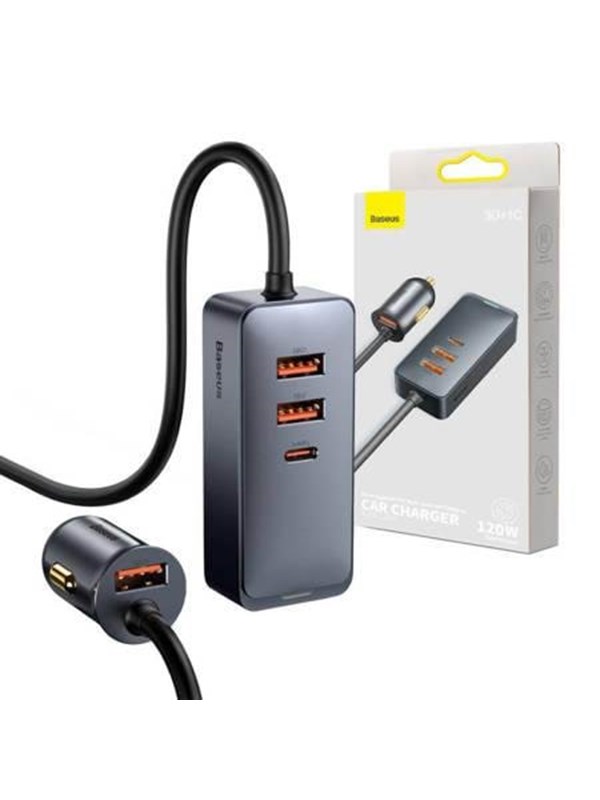 Baseus Car charger Share Together with extension cord 3x USB USB-C 120W (grey)