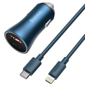Baseus Golden Contactor Pro car charger USB + USB-C QC4.0+ PD SCP 40W (blue) + USB-C - Lightning cable 1m (blue)