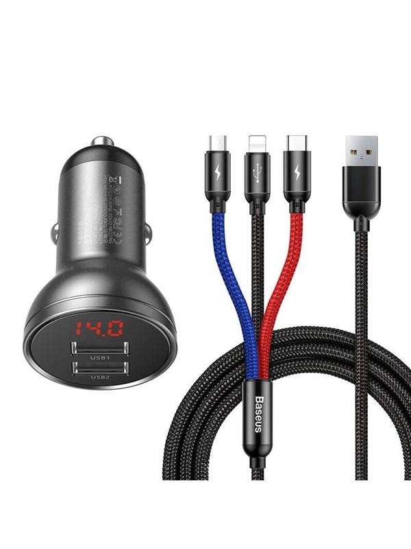 Baseus car charger with 24W display + 3in1 Three Primary Colors USB cable 1.2m