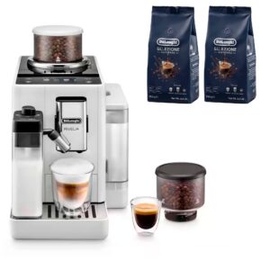 Delonghi Rivelia Fuldautomatisk Kaffemaskine, hvid & 2 stk. kaffebønner DLSC600