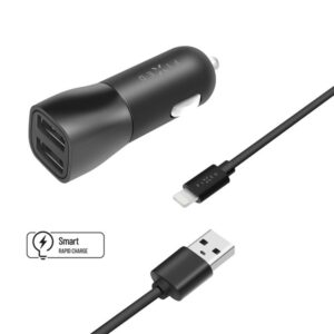 FIXED Biloplader 2x USB-A 15W/Lightning MFI 1m Sort