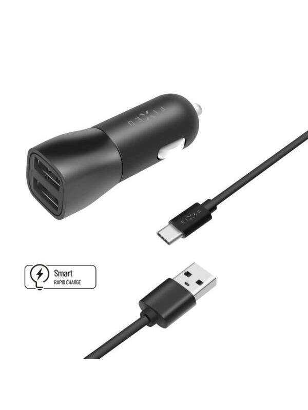 FIXED Biloplader 2x USB-A 15W/USB-C kabel 1m Sort