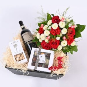 Festlig gavekasse med fødselsdagsbuket - Send gavekurve og blomster med Bloomit