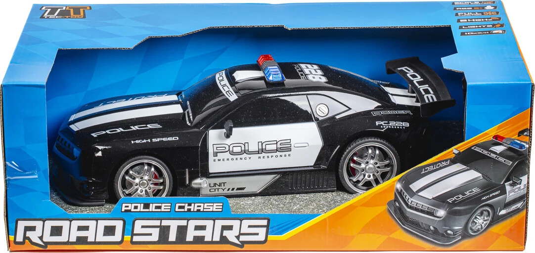 Fjernstyret Politibil Med Lys - Police Chase Road Stars - 1:12 - Sort