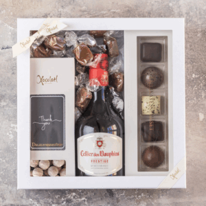 Gaveæske - 'Thank you' m. rødvin, karameller og fyldte chokolader