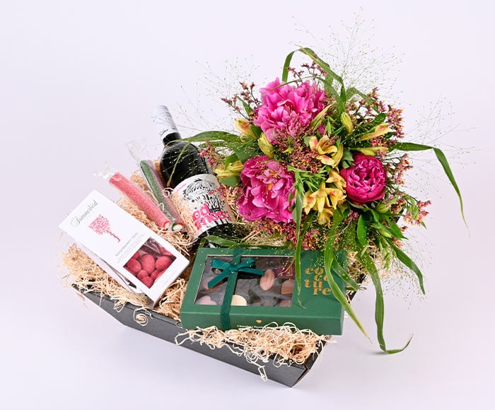 Gavekasse med buket - Send gavekurve og blomster med Bloomit