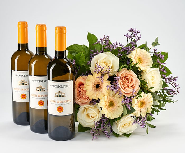 Hvidvine og buket - Send blomster med Bloomit