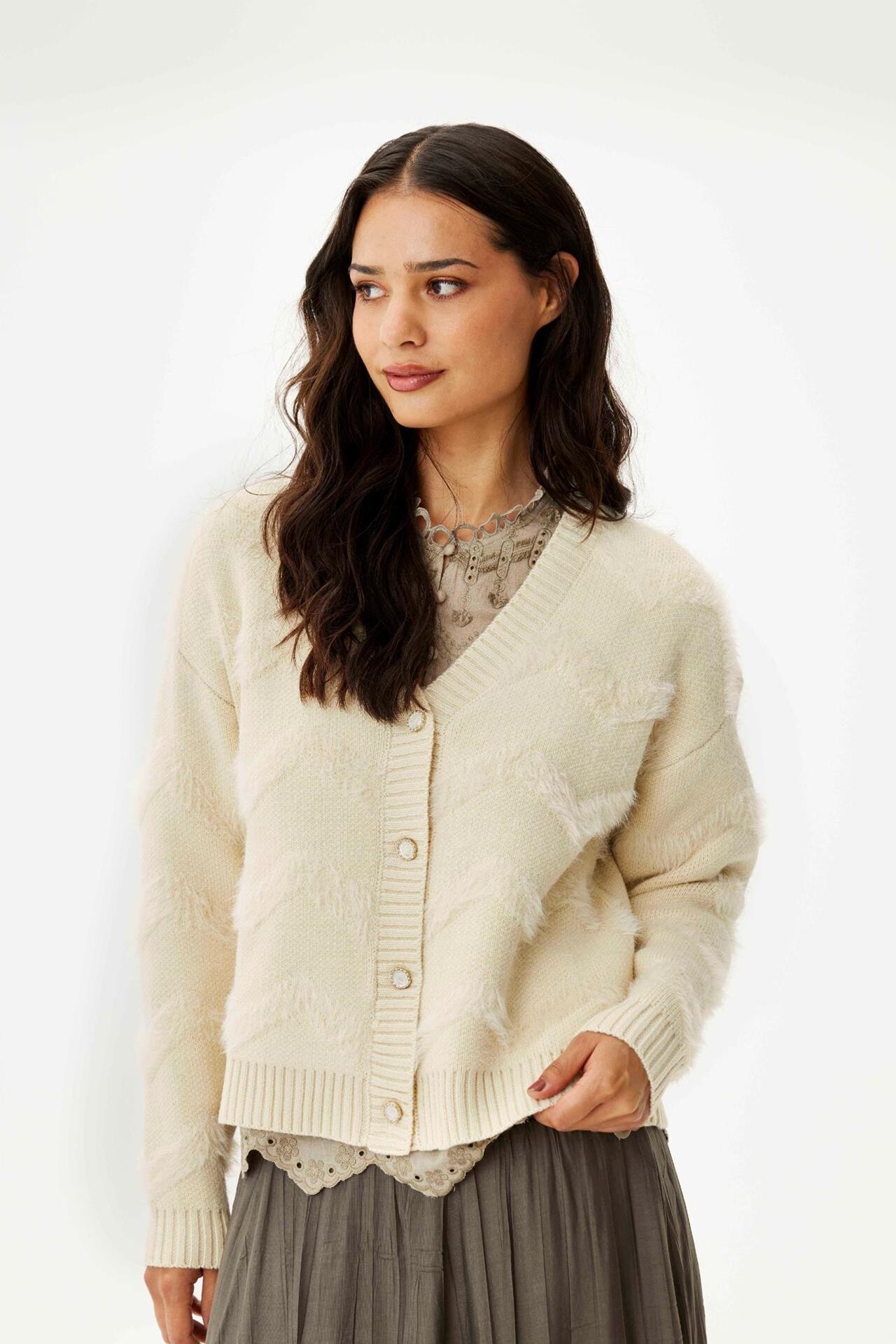IN FRONT Nico Cardigan, Farve: Cream, Størrelse: L, Dame