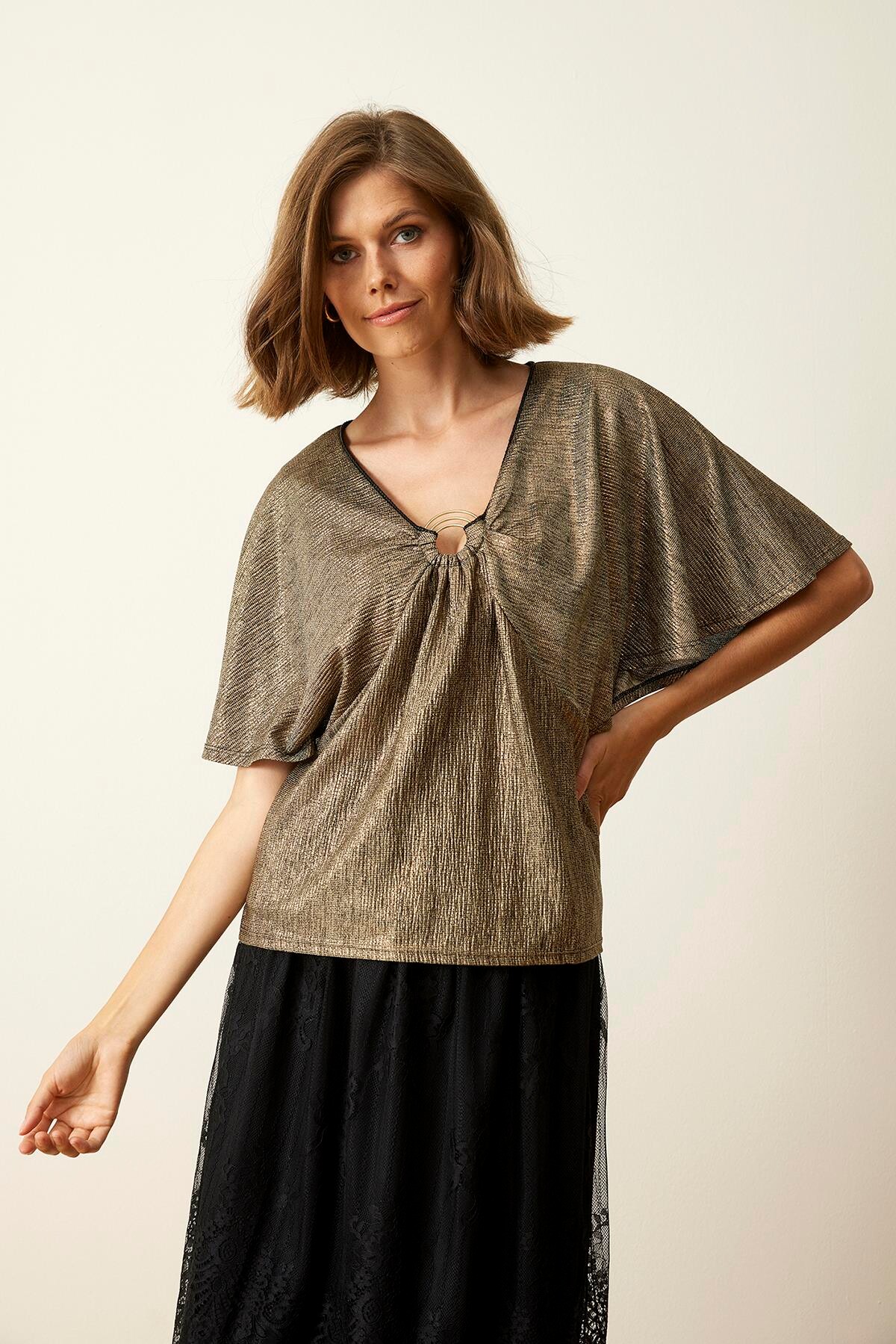 IN FRONT Papilur Bluse, Farve: Old Gold, Størrelse: L, Dame