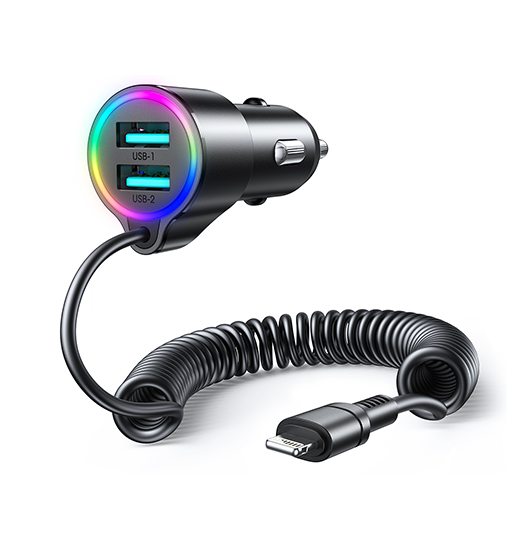 JOYROOM™ | 2-i-1 USB-A Oplader til Bil M. (Lightning Kabel) - Sort