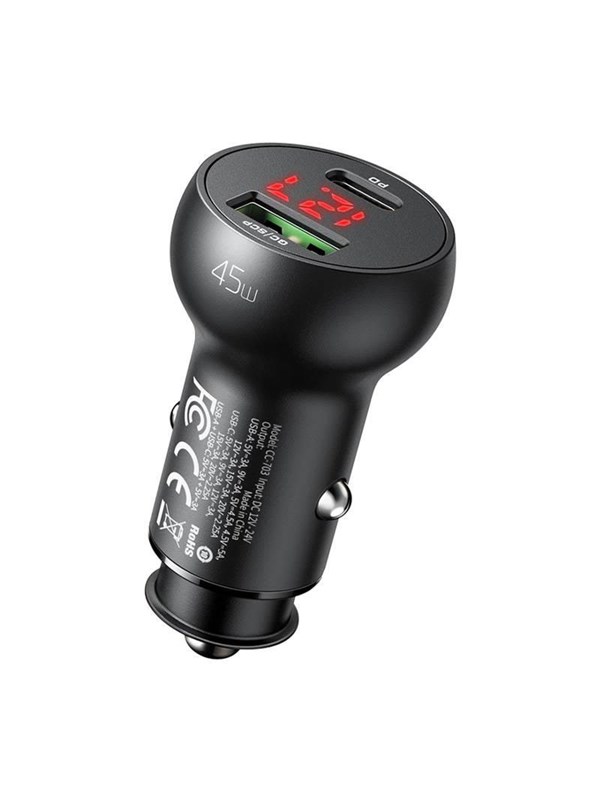 Mcdodo Car Charger CC-7030 USB + USB-C with Display 45W (Black)