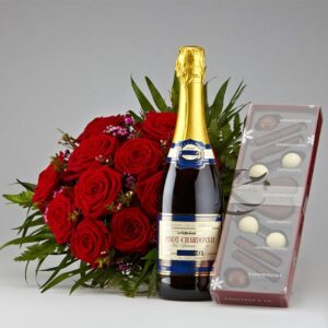 Røde roser, mousserende vin og chokolade - Send blomster med Bloomit