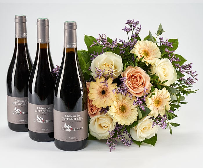 Rødvine og buket - Send blomster med Bloomit