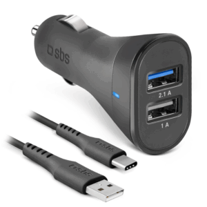 SBS USB C biloplader kit. 1A + 2.1A. 1 m. - Sort