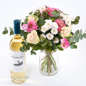 Sød Mors dag buket med hvidvin - Send blomster med Bloomit