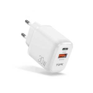 TOPK® | 2-Port USB-A / USB-C Oplader QC 3.0 - 30W - Hvid