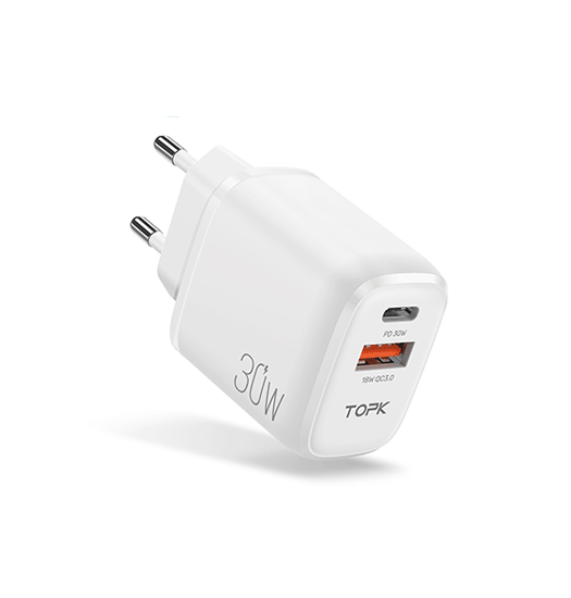 TOPK® | 2-Port USB-A / USB-C Oplader QC 3.0 - 30W - Hvid