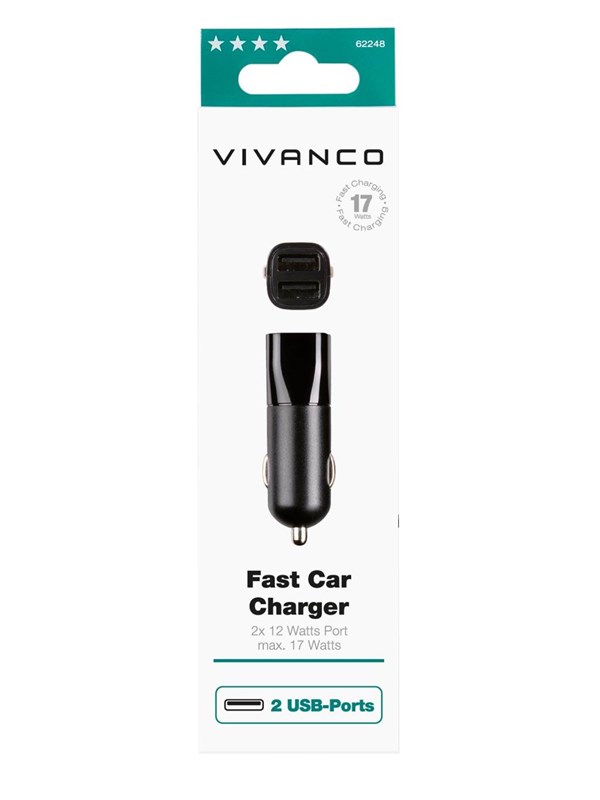 Vivanco 2xUSB-biloplader 3,4A (2,4A+ 1A) Sort